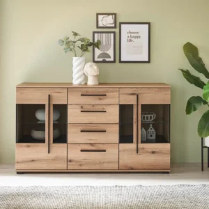 Comodă modernă Cantara culoare stejar cu sticla 150 cm lățime