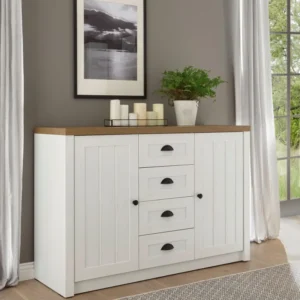 Comoda Beauvais alba cu aspect de lemn, 130 cm latime