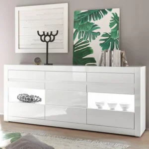 Comoda Carat alb lucios, design modern, 217 cm latime