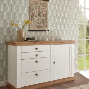 Comoda Cremona alba cu aspect de lemn, 144 cm lungime
