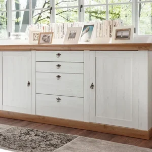 Comoda Cremona alba cu aspect de lemn, 210 cm lungime
