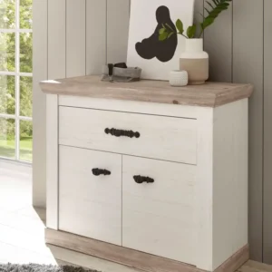 Comoda Florenz alba cu aspect de lemn, 2 usi, 107 cm latime