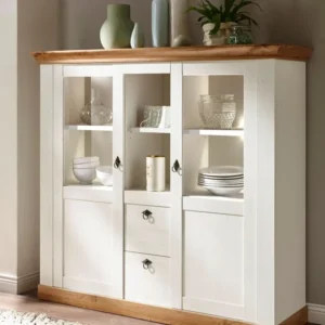 Comoda inalta Cremona alba cu aspect de lemn, 148 cm latime