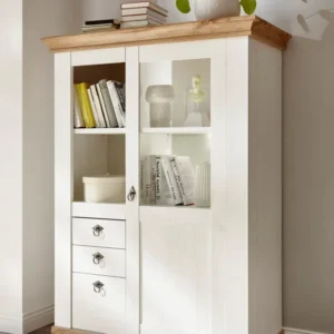 Comoda inalta Cremona alba cu aspect de lemn, 102 cm latime