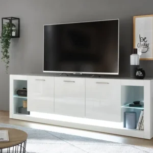 Comoda TV Meran alba cu design modern, 198 cm lungime