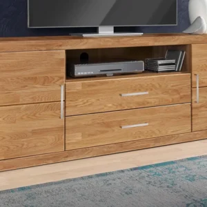 Comoda TV Woltra Logo cu fronturi din lemn de stejar, 160 cm latime