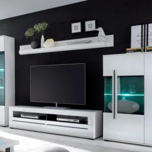 Set mobila living Cantara moderna, alb lucios, 4 piese
