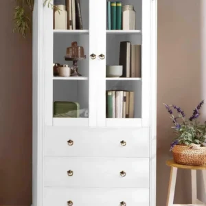 Vitrina alba Ferrera din lemn masiv de pin alb, 89 cm lățime