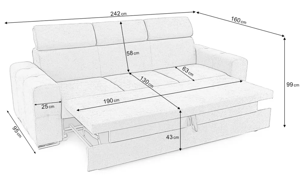 Canapea Extensibilă 3 locuri BELLAGIO, cu tetiere reglabile, 242x95x99 cm, Menta - Outlet