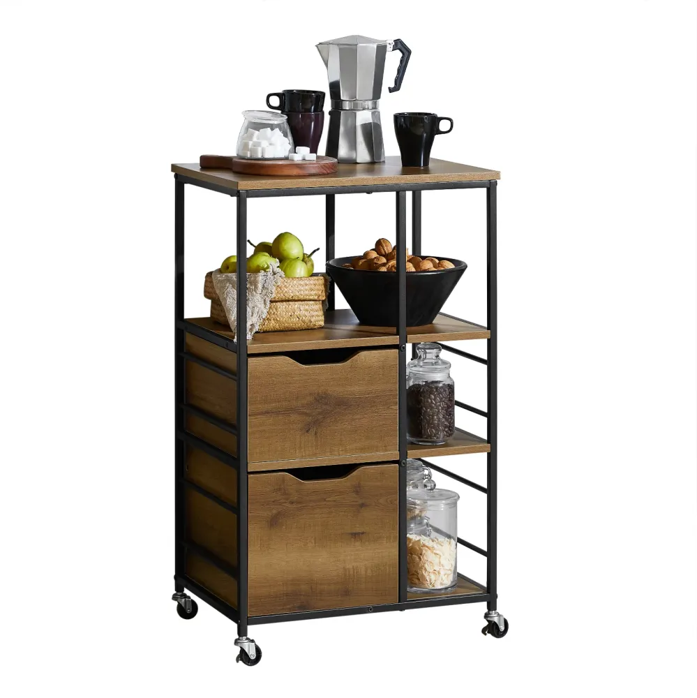 SoBuy FKW111-PF Cărucior de bucătărie cu 4 roți și sertare - Mobilier industrial maro care economisește spațiu 89x53x37cm...