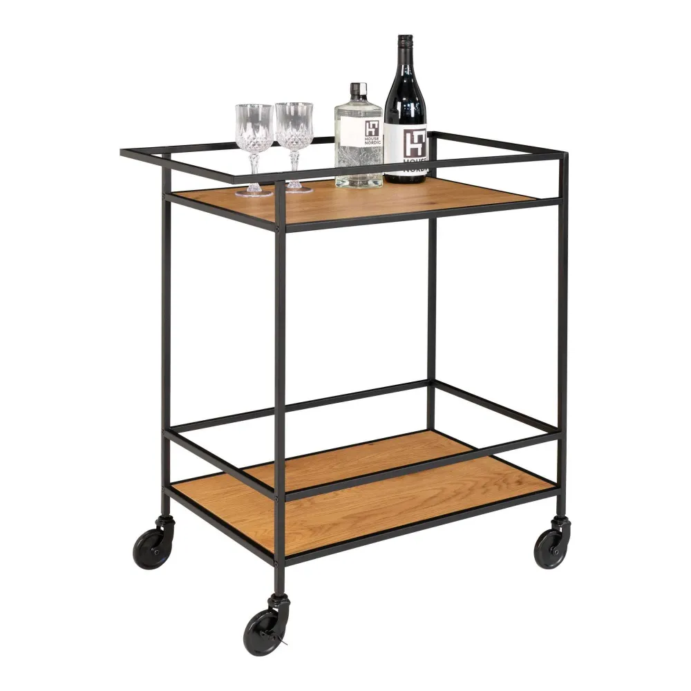 Vita Carucior de bar cu 2 rafturi, aspect stejar, rama neagra 68x40x79 cm