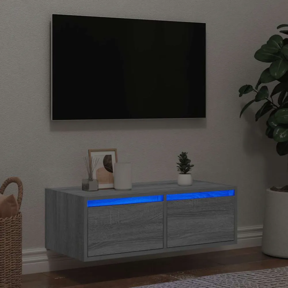 Comodă TV cu lumini LED, gri sonoma, 75x35,5x25 cm