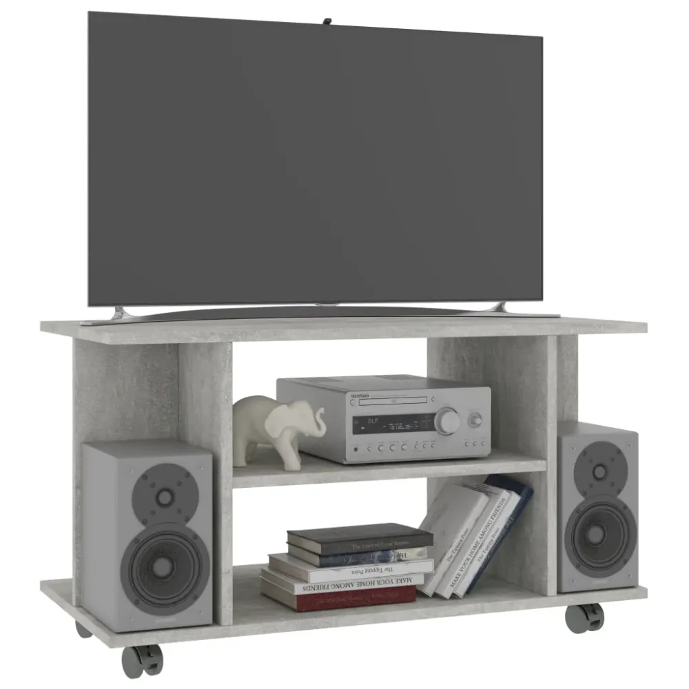 Comodă TV cu roți, gri beton, 80x40x45 cm, lemn prelucrat