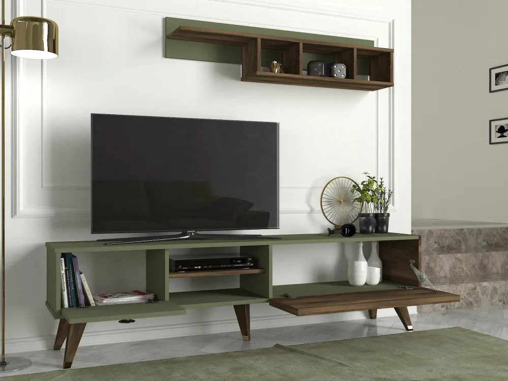 Comoda TV Heron cu biblioteca, Nuc, 180 x 48 x 35 cm