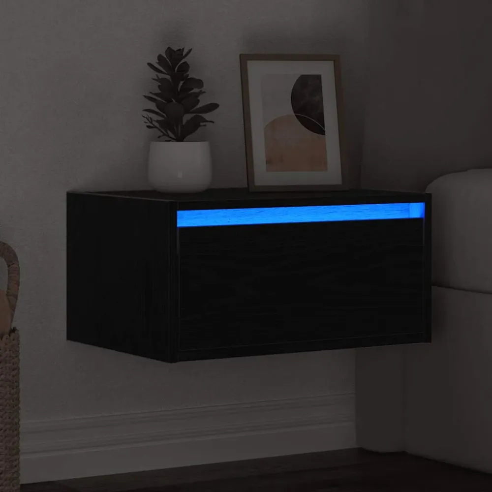 Noptiera montata pe perete cu lumini LED Stejar negru