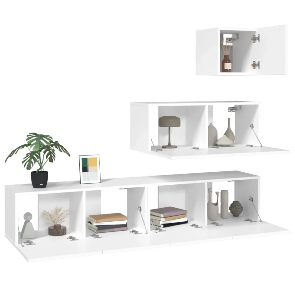 Set dulap TV, 4 piese, alb, lemn prelucrat