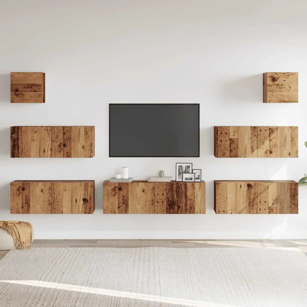 Set dulap TV 7 piese montat pe perete lemn vechi lemn prelucrat