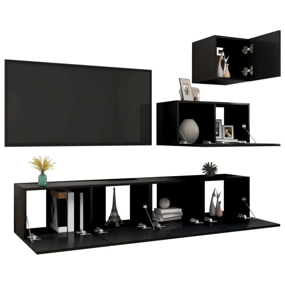 Set dulapuri TV, 4 piese, negru, lemn prelucrat