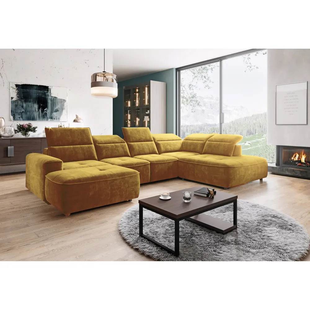 Coltar COLOMBO XL, sezlong dreapta, stofa catifelata crem - Salvador 1, cu sistem electric de ajustare adancimii, 376x227x...