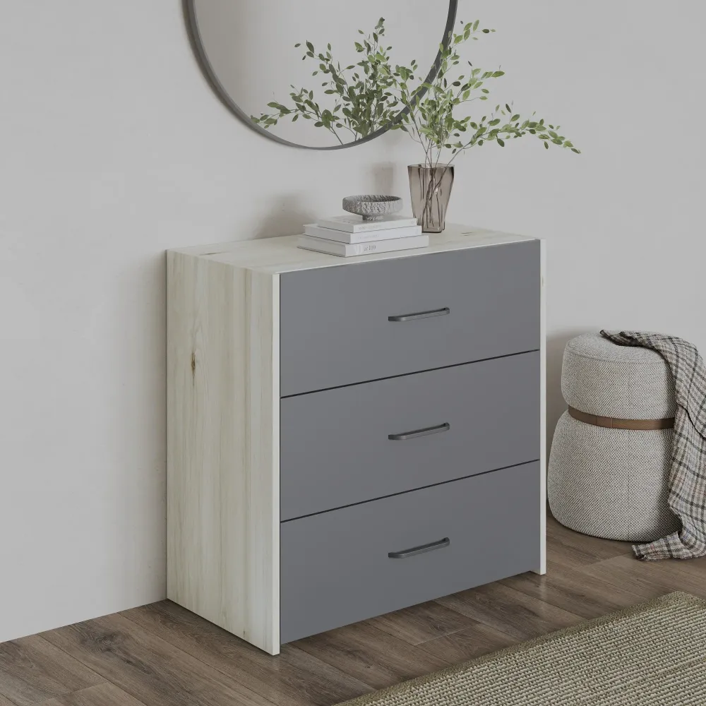 Comoda haaus Malmo, 3 Sertare, Stejar Alb/Antracit, 80 x 42 x 80 cm