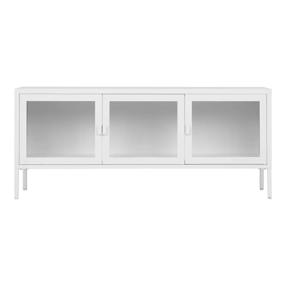 Comoda TV Brisbane cu 3 usi de sticla, otel, alb 130x40x55 cm