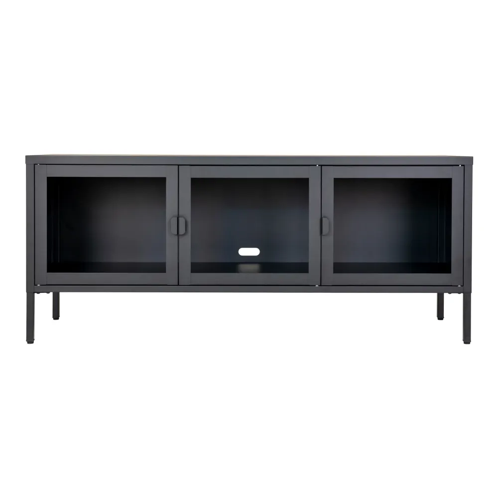 Comoda TV Brisbane cu 3 usi de sticla, otel, negru 130x40x55 cm