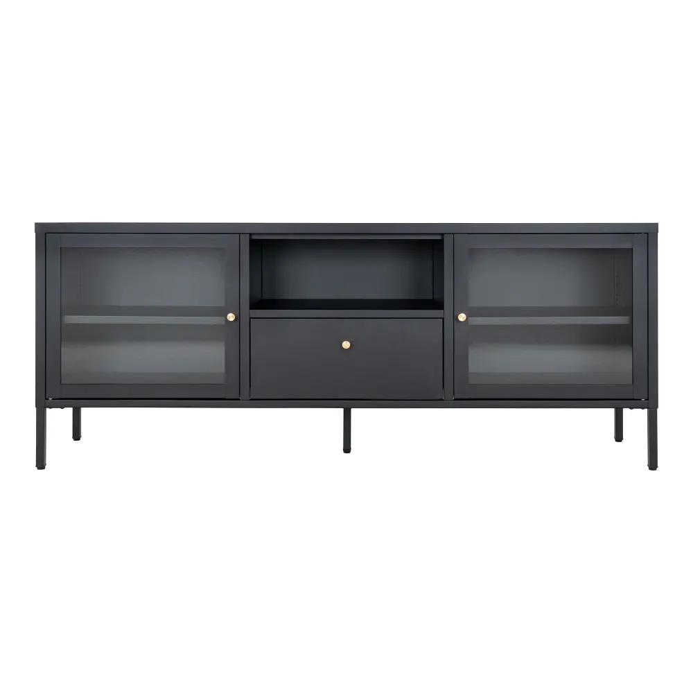 Dalby Comoda TV cu 2 usi de sticla, 1 sertar, otel, negru 150x35x60 cm