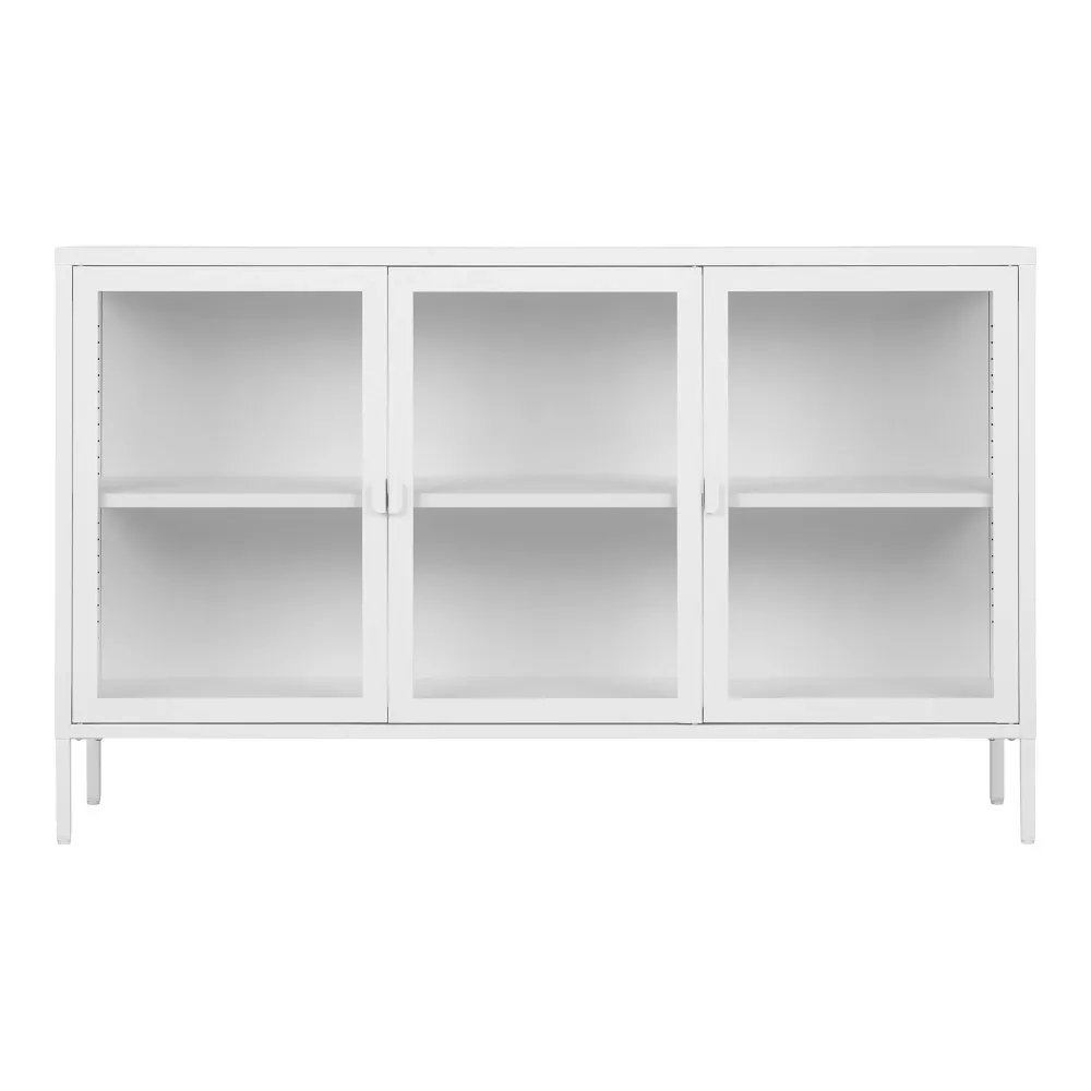 Comoda Brisbane cu 3 usi de sticla, otel, alb 140x40x85 cm