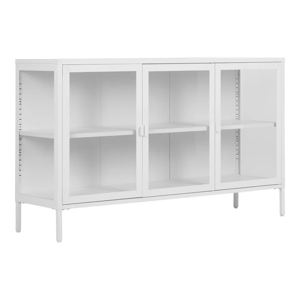 Comoda Brisbane cu 3 usi de sticla, otel, alb 140x40x85 cm
