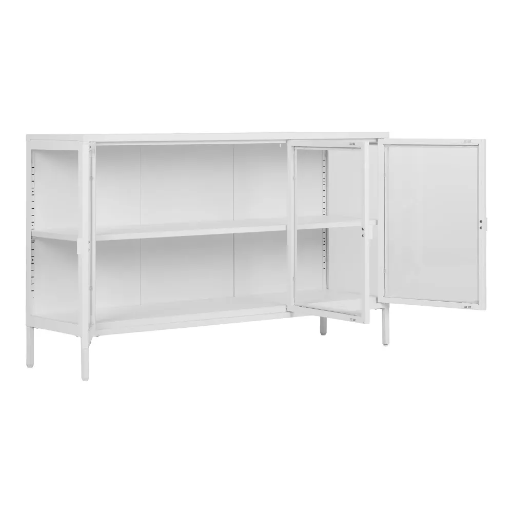 Comoda Brisbane cu 3 usi de sticla, otel, alb 140x40x85 cm