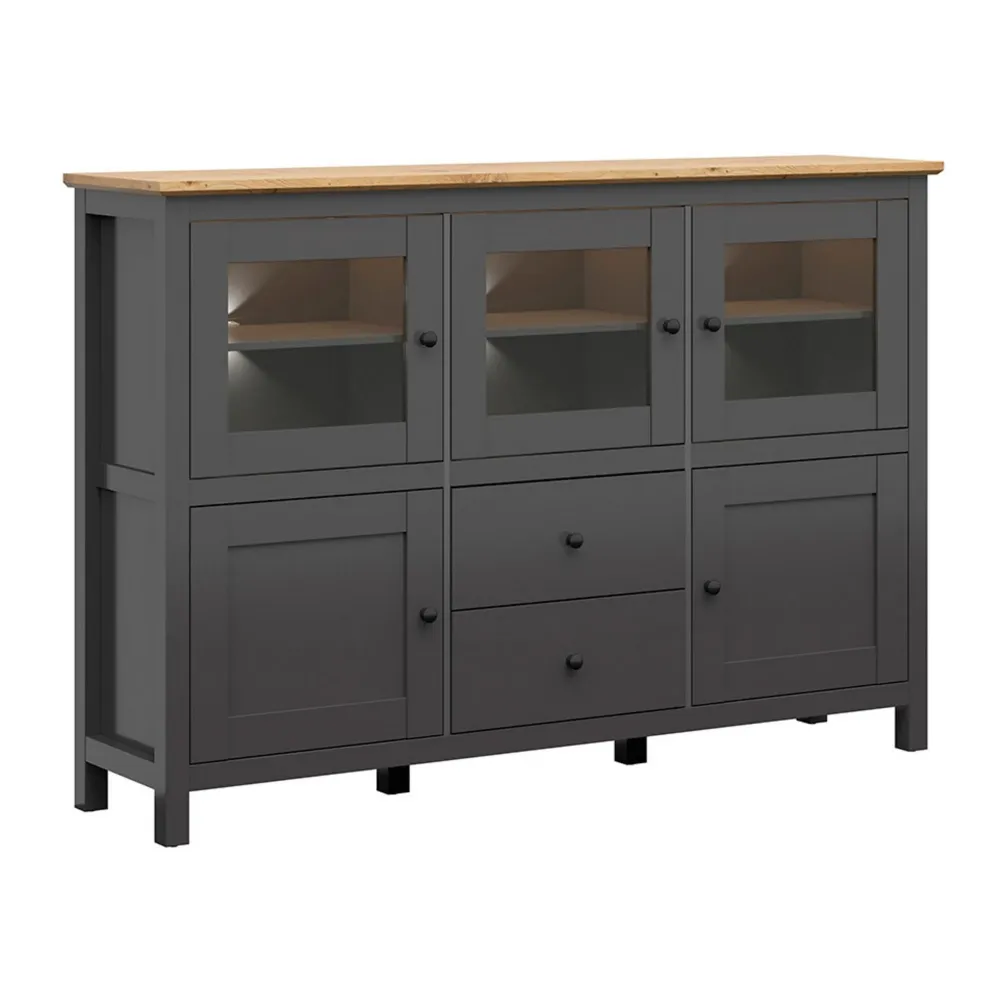 Comoda HESEN, gri grafit/stejar artizanal, PAL, cu iluminare LED, 186x44x126 cm