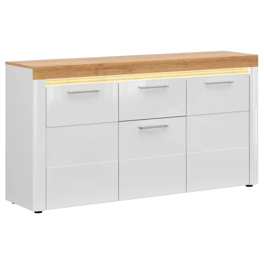 Comoda HORTON, alb/stejar grandson, PAL laminat, cu 3 usi si un sertar, 170x42x90 cm