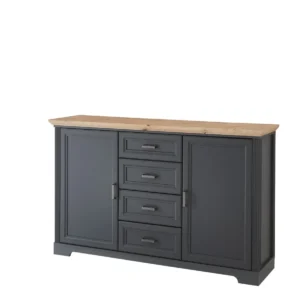 Comoda JASMIN, gri grafit/stejar artisan, PAL, cu 2 usi si 4 sertare, 165x41x102 cm