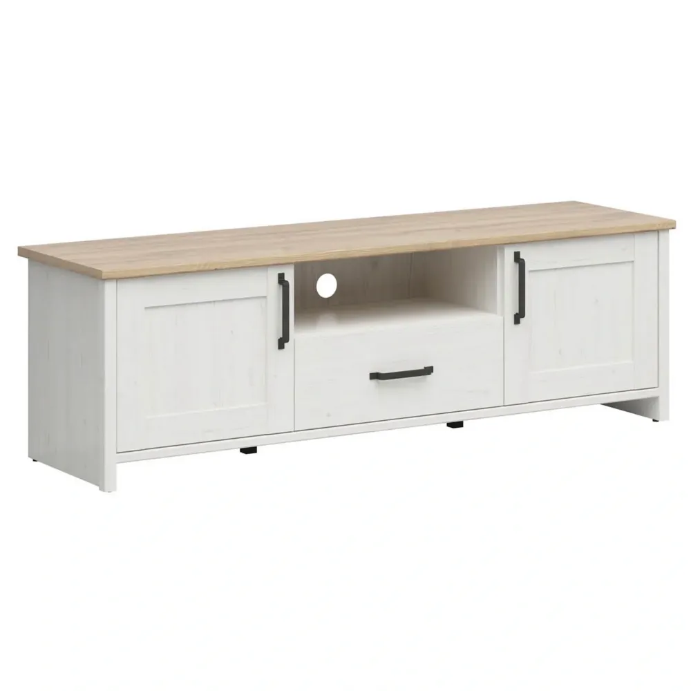 Comoda TV LOKSA, alb/stejar, PAL laminat, 160x44x51 cm