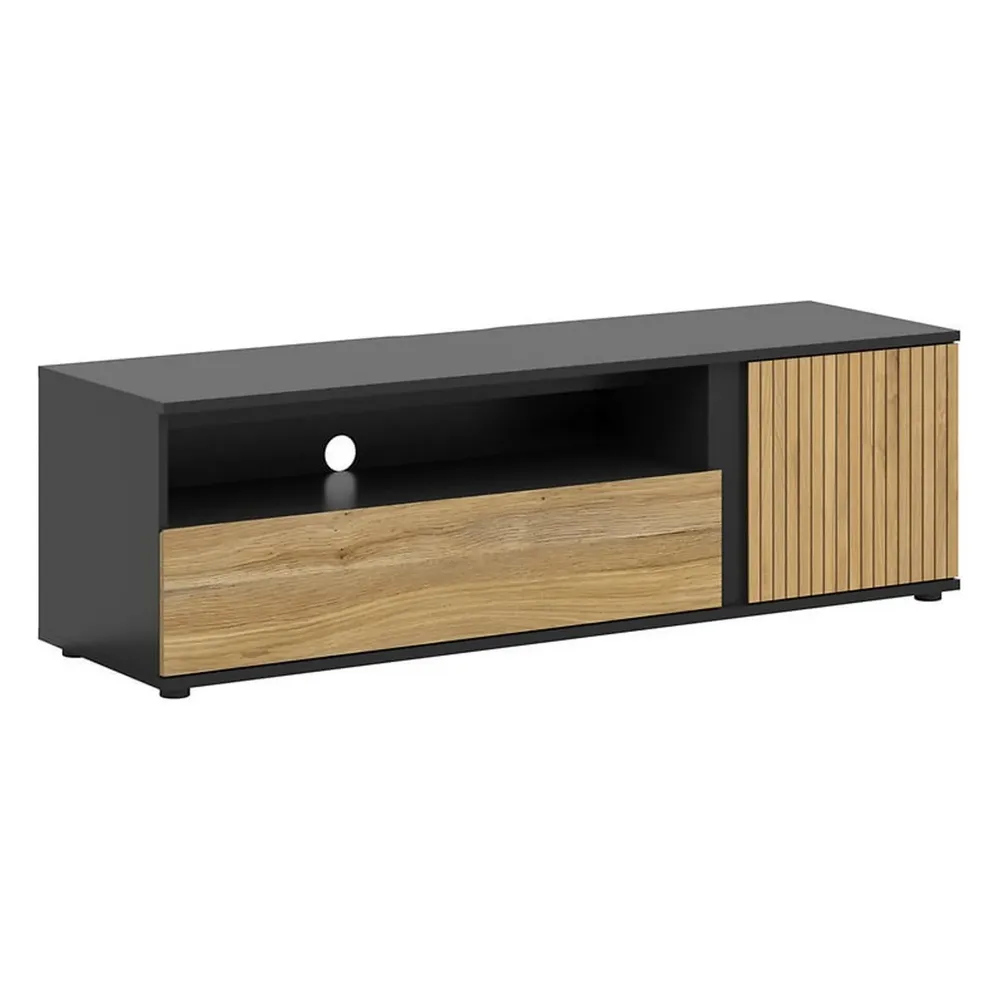 Comoda TV LUEN, stejar/negru, PAL laminat, 155x46x47 cm