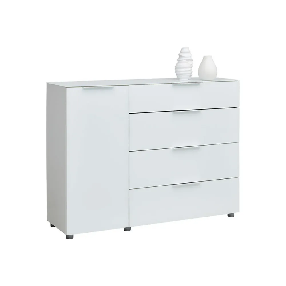 Comoda MALIN, alb lucios/alb, PAL/sticla, 135x40x101 cm