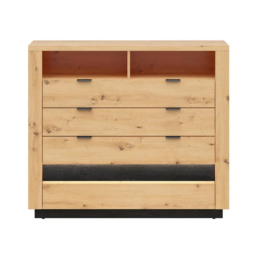 Comoda OSTIA, stejar artizanal/negru, PAL, cu iluminare LED, 116.5x42x101 cm