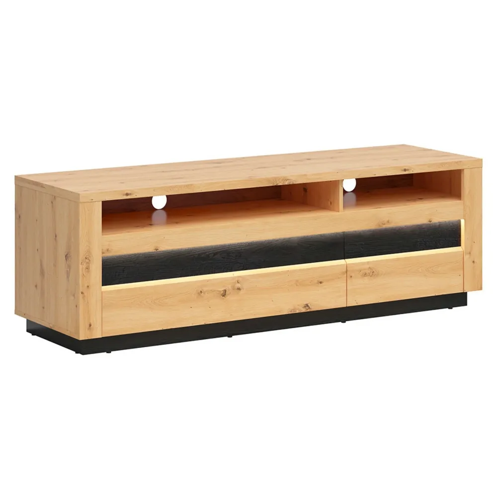 Comoda TV OSTIA, stejar artizanal/negru, PAL, cu iluminare LED, 161x48x53.5 cm