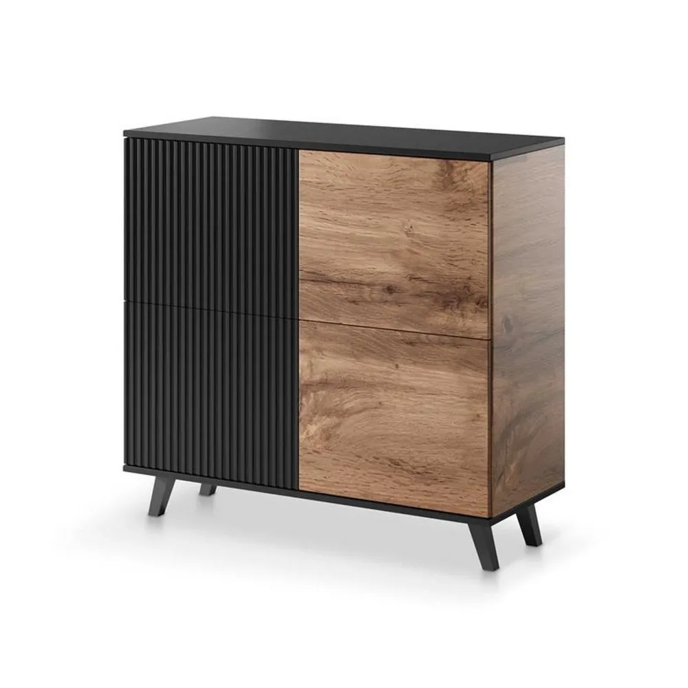 Comoda RANDOM KM-2, stejar wotan/negru, PAL furniruit, 100x40x95 cm