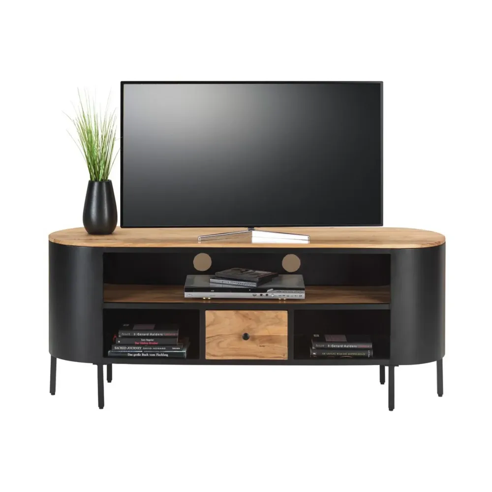 Comoda TV RAVIN, stejar/negru, lemn/metal, 145x40x60 cm