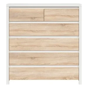 Comoda cu 6 sertare alb mat/stejar sonoma KASPIAN, KOM6S, 104,5X40.5X112 CM