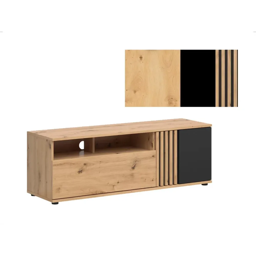 Comoda TV VABRES, stejar artisan/negru mat, PAL laminat, 136x40x47 cm