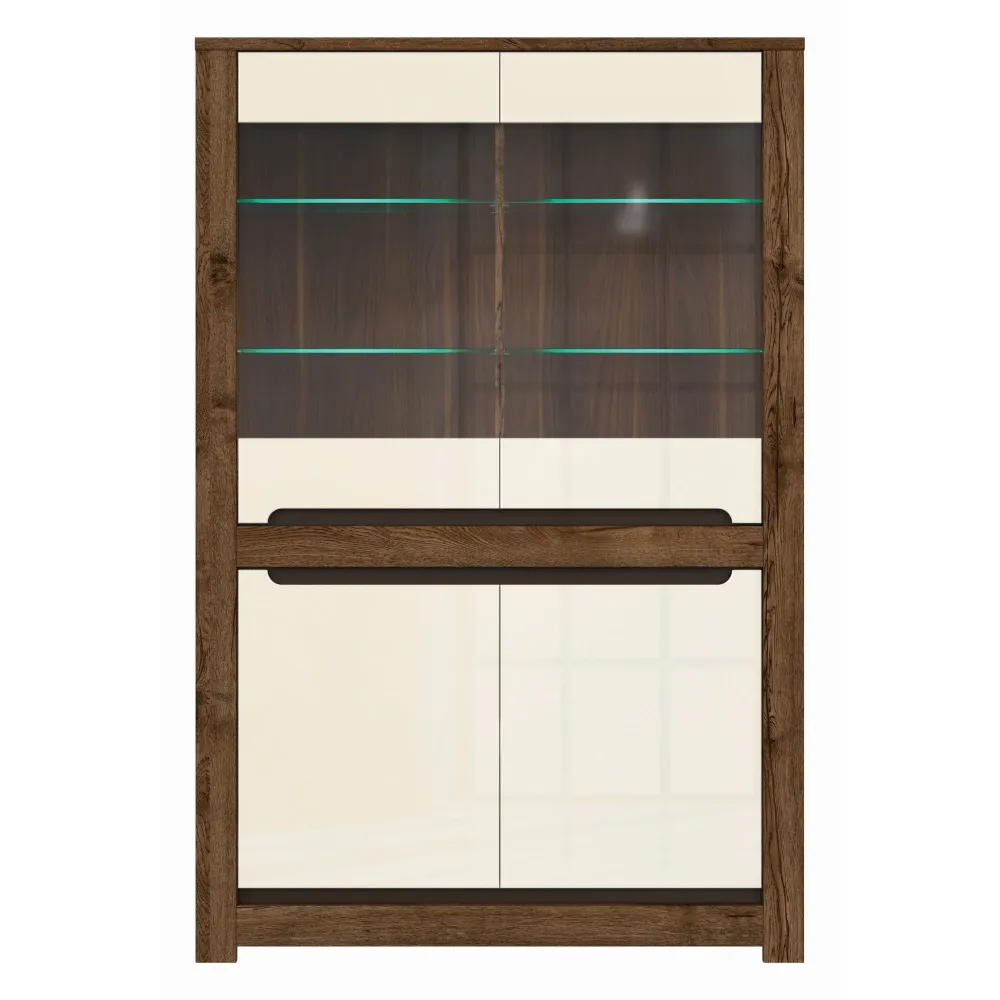 Comoda cu vitrina Ruso, stejar april/perla lucioasa, 104x158,5x45,5 cm