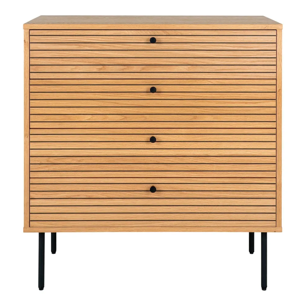 Kyoto Comoda cu 4 sertare, furnir de stejar, natur, picioare metalice negre 80x40x85 cm