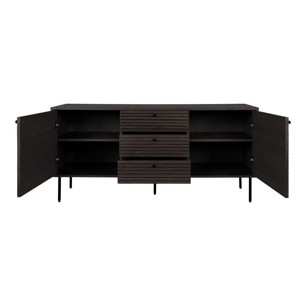 Kyoto Comoda cu 3 sertare, 2 usi, furnir de stejar smoked, picioare metalice negre 150x40x74 cm
