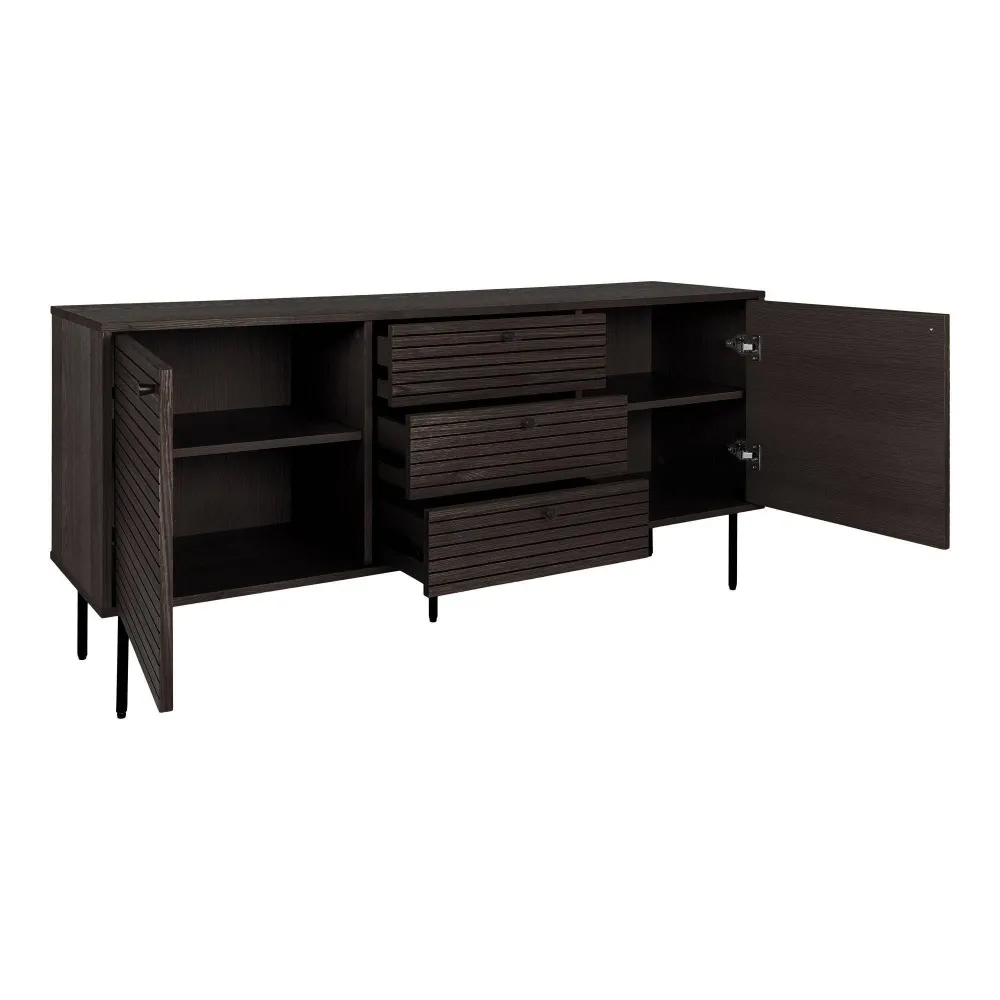 Kyoto Comoda cu 3 sertare, 2 usi, furnir de stejar smoked, picioare metalice negre 150x40x74 cm