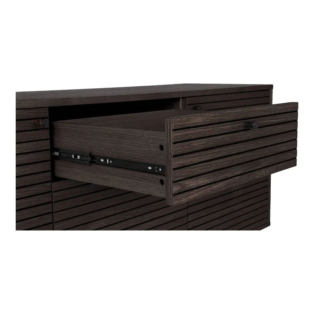 Kyoto Comoda cu 3 sertare, 2 usi, furnir de stejar smoked, picioare metalice negre 150x40x74 cm