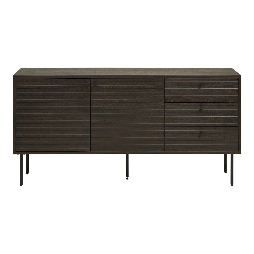 Kyoto Comoda cu 3 sertare, 2 usi, furnir de stejar afumat, picioare metalice negre 150x40x74 cm