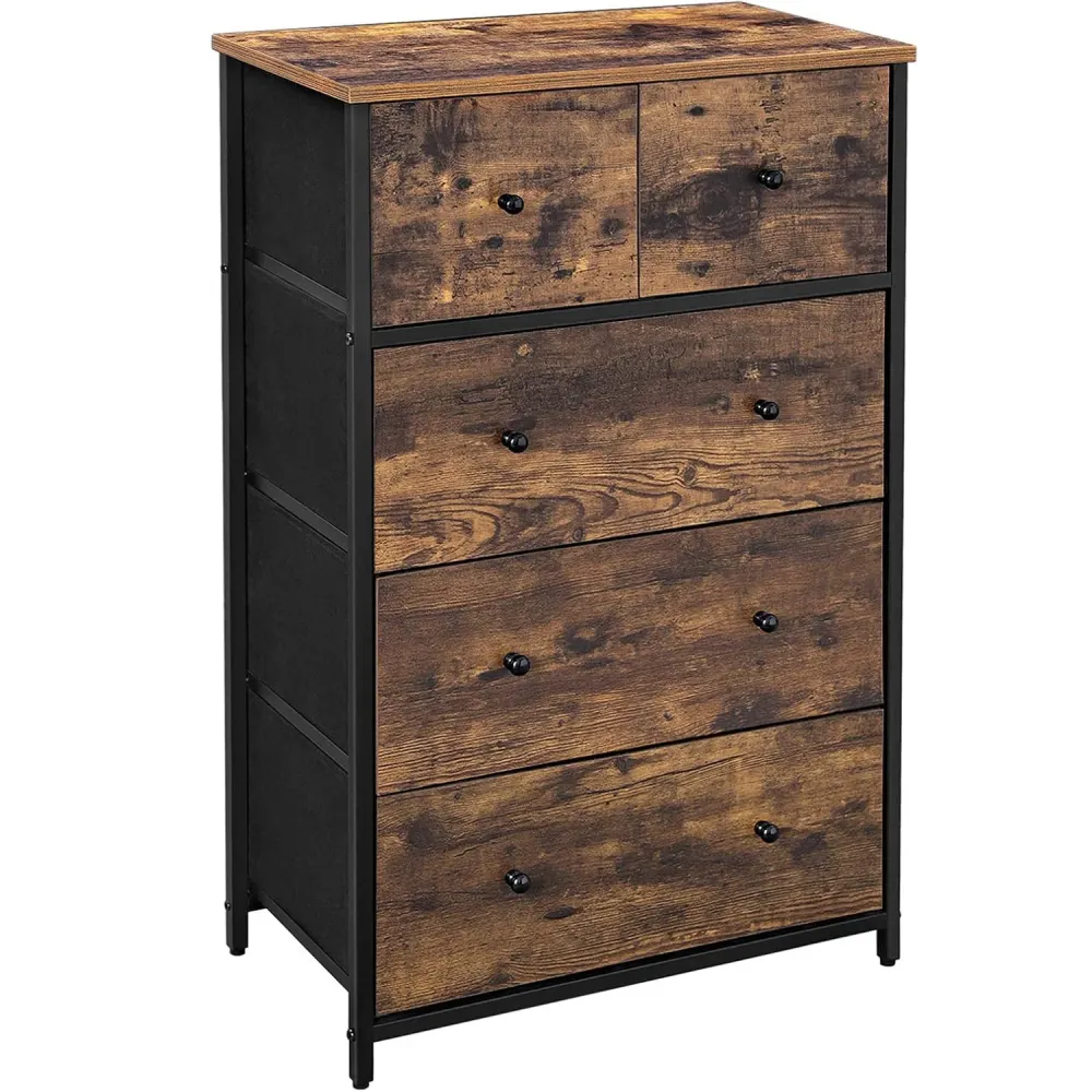 SONGMICS Comoda cu 5 sertare 56x30x89 cm, cadru metalic si blat MDF, manere lemn, maro rustic si negru