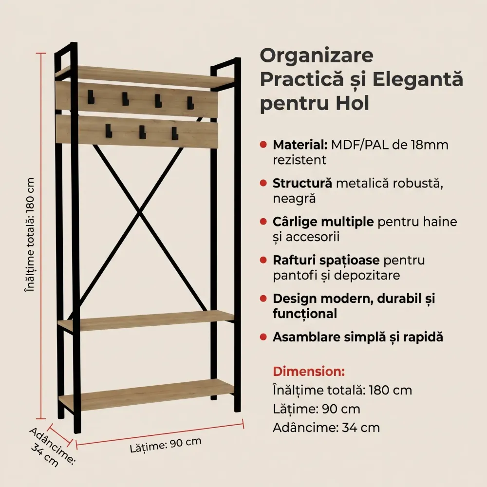 Cuier cu pantofar Alfa, Stejar, 90x180x34 cm